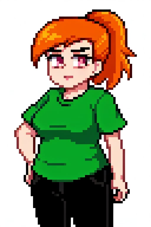 Vicky, 1girl, solo, orange hair, ponytail, pink eyes, green shirt, black pants, chubby female