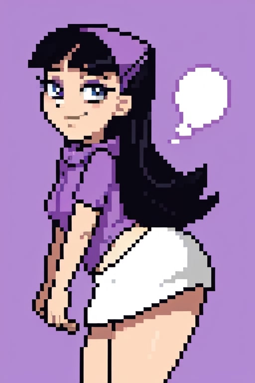 Trixie Tang, 1girl, solo, purple shirt, white skirt, curvy, haunches