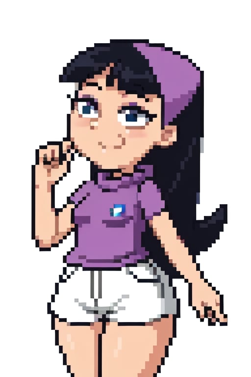 Trixie Tang, 1girl, solo, purple shirt, white shorts, curvy, haunches