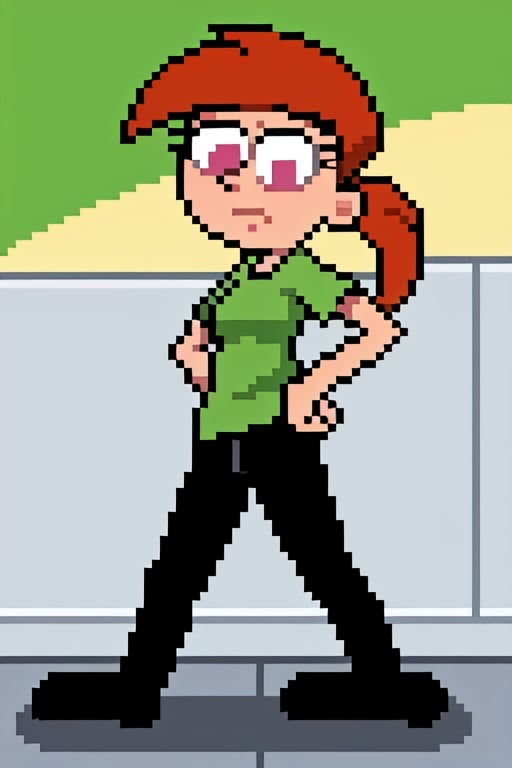 Vicky, 1girl, solo, orange hair, ponytail, pink eyes, green shirt, black pants, busty