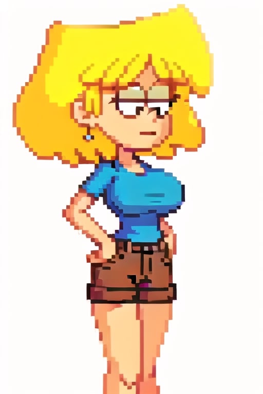 lori loud, cartoon, masterpiece, high quality, best quality, 1girl, solo, white background, blonde hair, short hair, blue shirt, brown shorts, black eyes, huge breasts, perfect, beautiful, hands on hips, side view, 1st person view