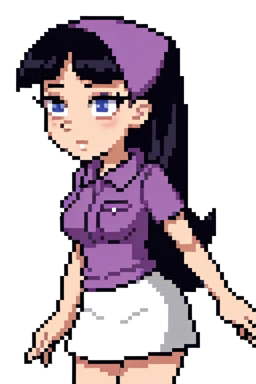 Trixie Tang, 1girl, solo, purple shirt, white skirt, busty