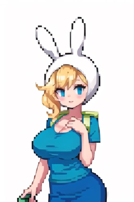 Fionna, white background, short blonde hair, rabbit hood, holding purse, blue shirt. blue skirt, huge breasts