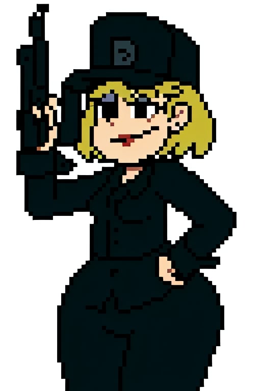 Rita Loud, 1girl, solo, black shirt, black pants, black eyes, black eyeshadow, curvy, goth, black hat, holding gun, salute