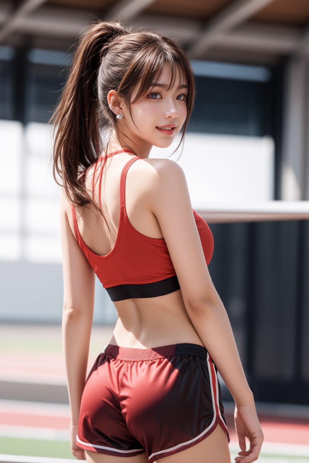 1girl, solo,front looking at viewer, bangs,smile, brown hair,large breasts, wavy high ponytail,navel, holding, bare shoulders, brown eyes, jewelry, standing, thighs, cowboy shot, earrings, parted lips, sleeveless, midriff, indoors,red booty shorts, necklace, blurry, lips, crop top,blurry background, piercing, arm behind back,white track and field sports tops,sports bra, realistic,track and field,fullbody