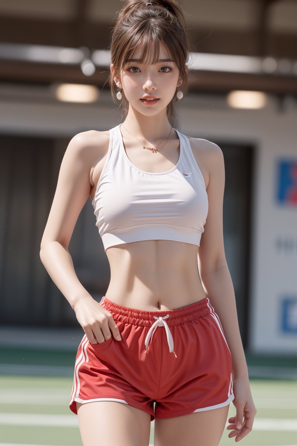 1girl, solo,front looking at viewer, bangs,smile, brown hair,large breasts, wavy high ponytail,navel, holding, bare shoulders, brown eyes, jewelry, standing, thighs, cowboy shot, earrings, parted lips, sleeveless, midriff, indoors,red booty shorts, necklace, blurry, lips, crop top,blurry background, piercing, arm behind back,white track and field sports tops,sports bra, realistic,track and field,fullbody