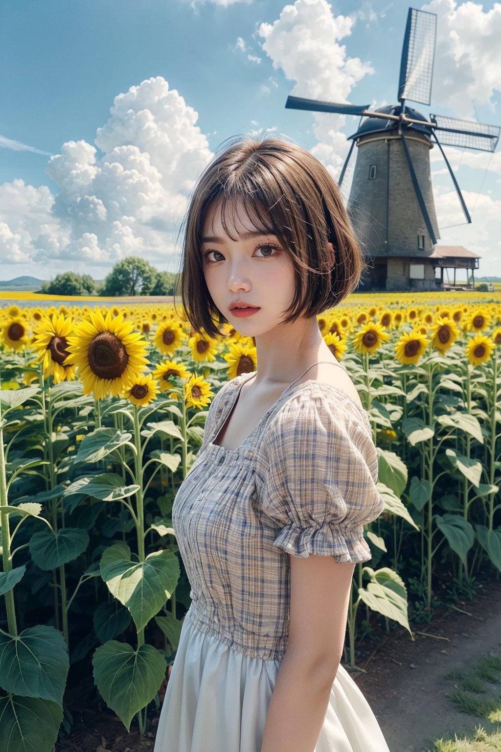 1girl, solo, looking at viewer, short hair, bangs, brown hair, dress, brown eyes, standing, flower, short sleeves, outdoors, parted lips, sky, day, cloud, white dress, blue sky, lips, plaid, bob cut, scenery, sunflower, field, house, power lines, windmill