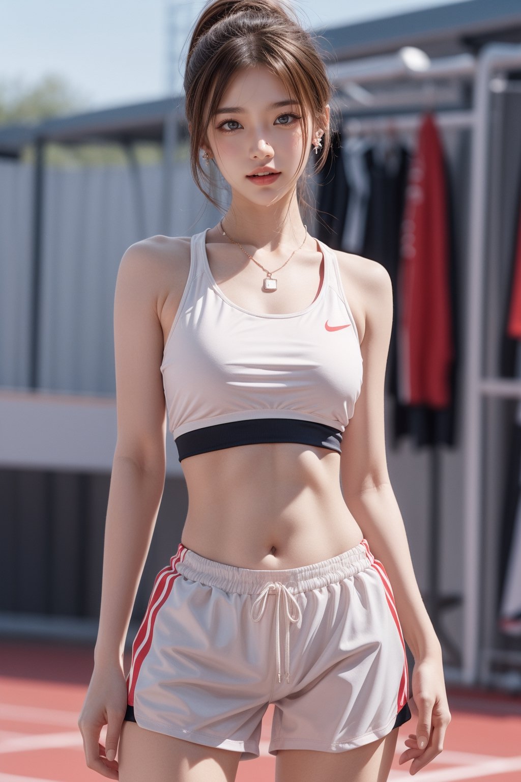 1girl, solo,front looking at viewer, bangs,smile, brown hair,large breasts, Wavy curly hair high ponytail,navel, holding, bare shoulders, brown eyes, jewelry, standing, thighs, cowboy shot, earrings, parted lips,white track and field sports tops,white sports bra, sleeveless, midriff, indoors,red booty shorts, necklace, blurry, lips, crop top,blurry background, piercing, arm behind back, realistic,track and field,halfbody