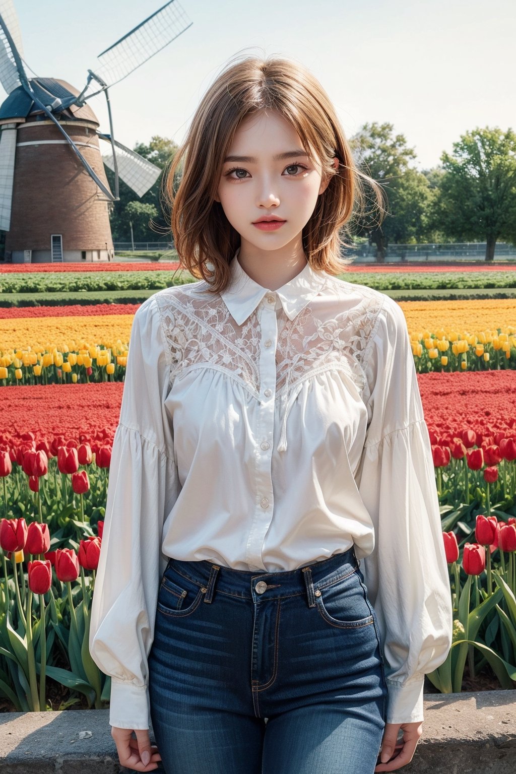 
masterpiece, high quality, realistic aesthetic photo, pore and detailed, intricate detailed, graceful and beautiful textures, RAW photo, 16K, cinematic lighting, forcus on, windmill in the back of the tulip field, (cowboy shot), Dutch-young-girl, cute-face, orange curl short hair, beautiful eyes, cute smile, light-blue shirt, jeans,more detail XL