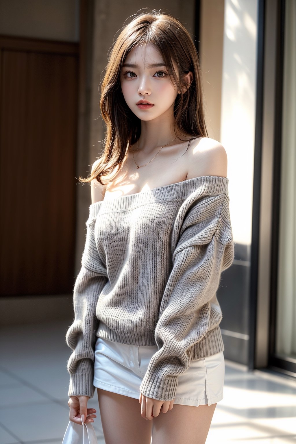 (((Best quality))), (((Ultra detailed))), 1girl, long hair, breasts, looking at viewer, brown hair, long sleeves, cleavage, jewelry,standing, collarbone, parted lips, solo focus,department store indoors, necklace, ((Sweater with one shoulder exposed)), light blue sweater,(white miniskirt), lips,barefoot, sleeves past wrists, realistic,blurred background,bright light,full body,model pose