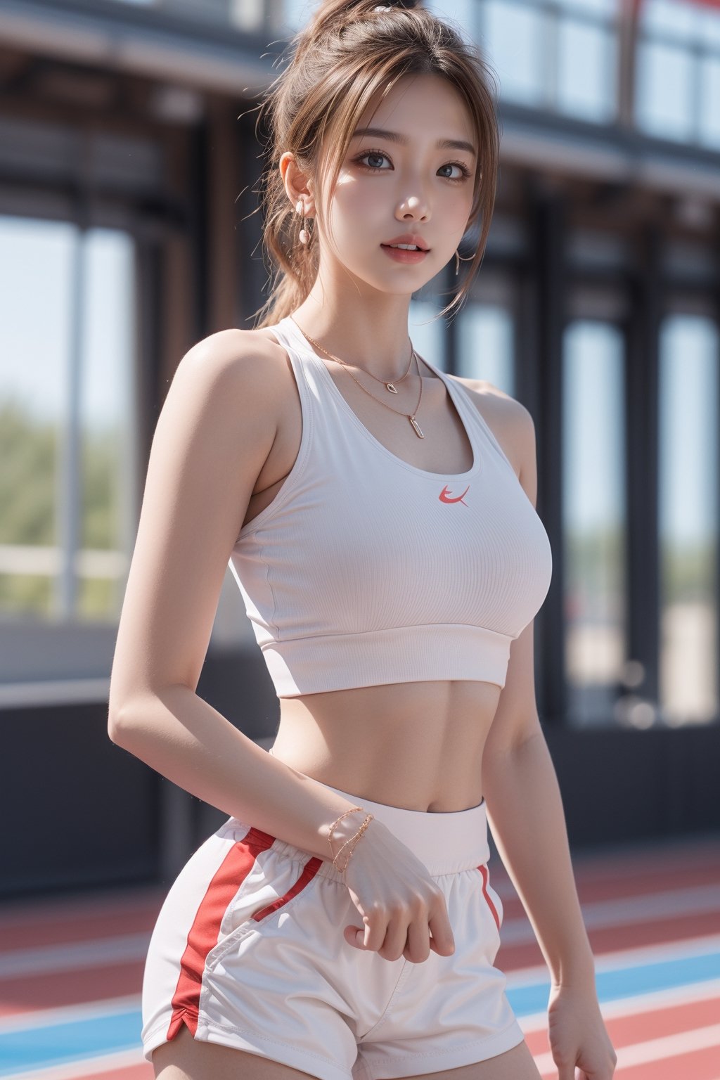 1girl, solo,front looking at viewer, bangs,smile, brown hair,large breasts, Wavy curly hair high ponytail,navel, holding, bare shoulders, brown eyes, jewelry, standing, thighs, cowboy shot, earrings, parted lips,white track and field sports tops,white sports bra, sleeveless, midriff, indoors,red booty shorts, necklace, blurry, lips, crop top,blurry background, piercing, arm behind back, realistic,track and field,fullbody