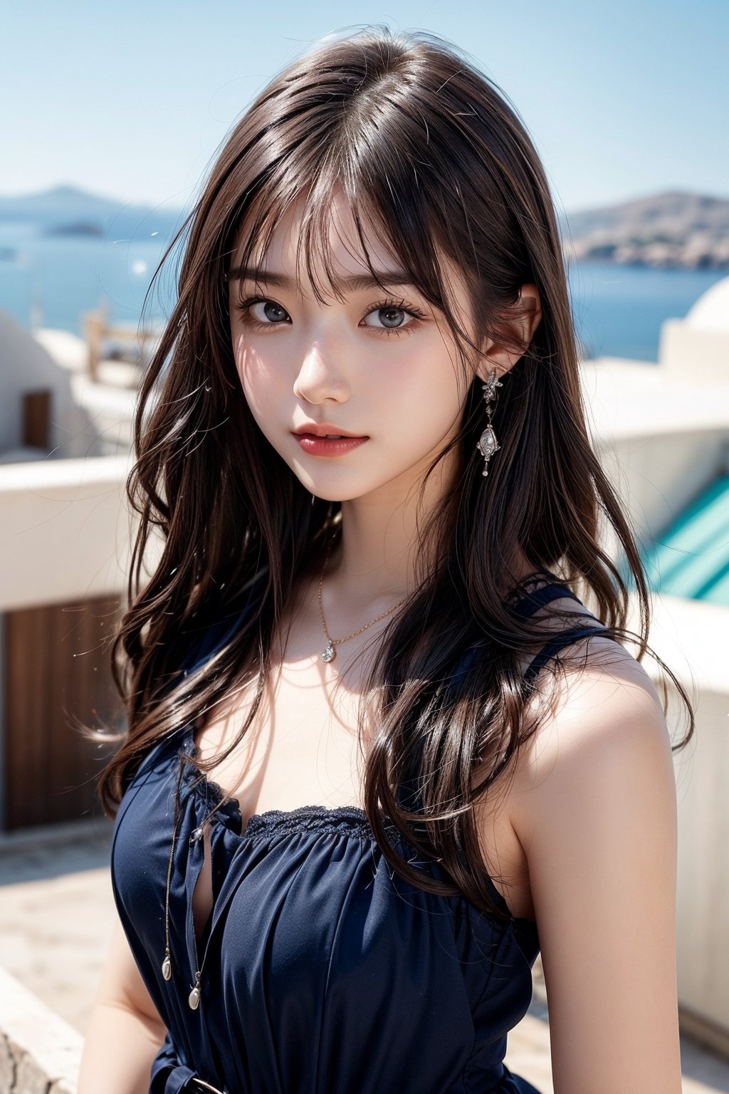 background is Greece,Thera,Santorini(island of blue roof),blue roof white walls,sea,sunny day, 18 yo, 1 girl, beautiful korean girl,happy laugh,stand on roof top, wearing deep blue simple dress(strap), solo, {beautiful and detailed eyes}, dark eyes, calm expression, delicate facial features, ((model pose)), Glamor body type, (dark hair:1.2),very_long_hair, hair past hip,curly hair,bangs, simple tiny necklace,simple tiny earrings, flim grain, realhands, masterpiece, Best Quality, 16k, photorealistic, ultra-detailed, finely detailed, high resolution, perfect dynamic composition, beautiful detailed eyes, eye smile, ((nervous and embarrassed)), sharp-focus, full_body, cowboy_shot, ,GothGal,0ff1c3_3,bzsohee