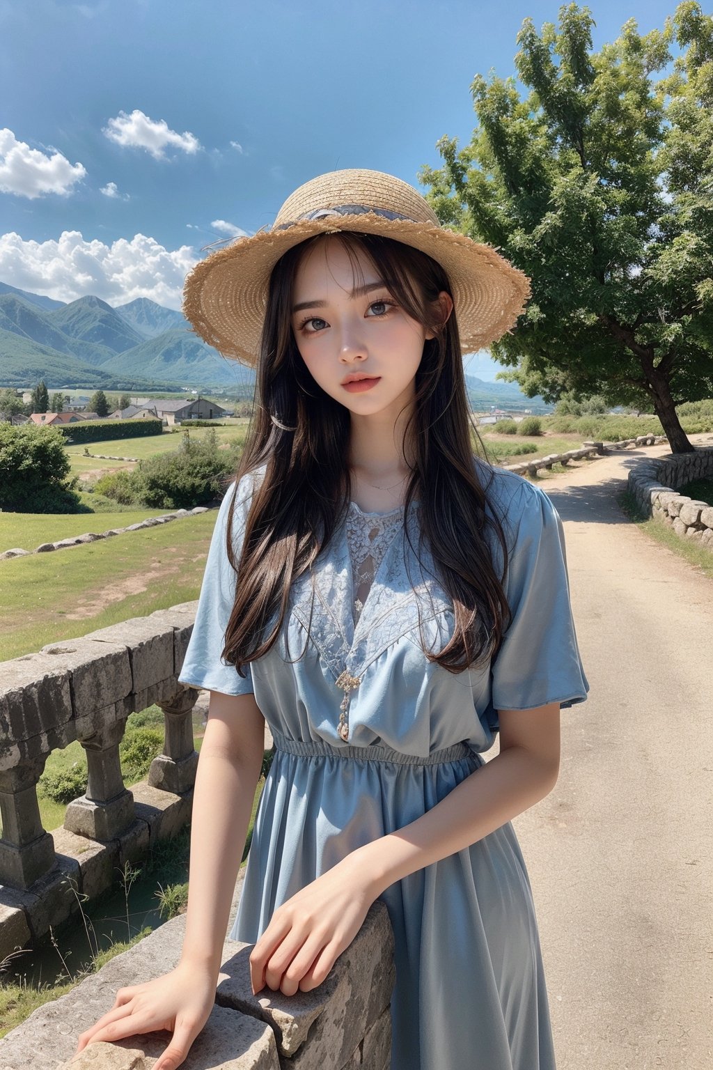 Sweet girl, 18 years old, dark long hair, gray eyes, light summer dress, straw hat, standing on an old stone bridge, mountains, bright sunny day, clear blue sky, bright light, soft colors, masterpiece, intricate and elaborate details,