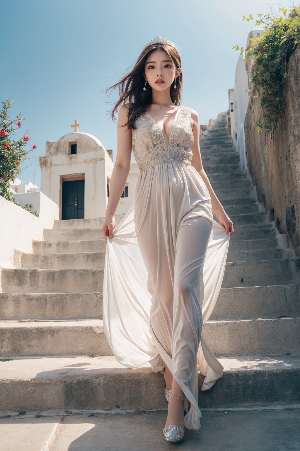 Princesa bonita, in long dress descends the stairs in Santorini. in style vogue/dior/armani, fashion photography, beautiful old buildings and sea in the background. high definition, trending on artstation, intricate details, highly detailed,