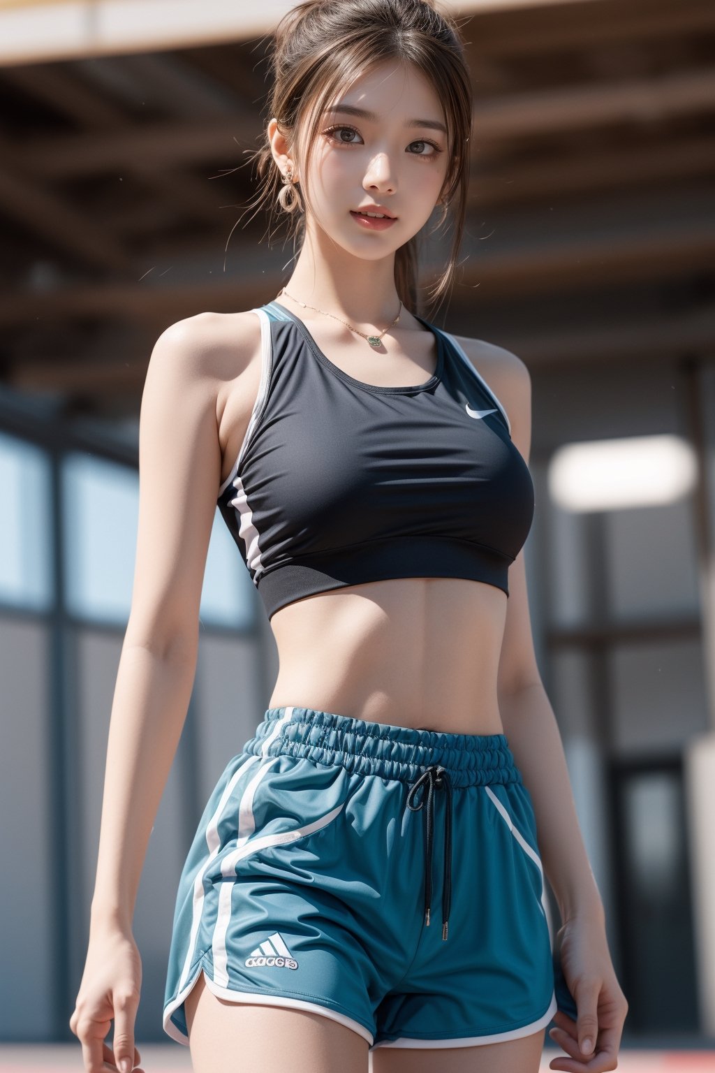 1girl, solo,front looking at viewer, bangs,smile, brown hair,large breasts, wavy high ponytail,navel, holding, bare shoulders, brown eyes, jewelry, standing, thighs, cowboy shot, earrings, parted lips, sleeveless, midriff, indoors,red booty shorts, necklace, blurry, lips, crop top,blurry background, piercing, arm behind back,white track and field sports tops,sports bra, realistic,track and field