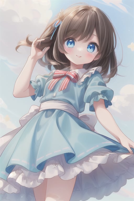 (masterpiece:1.2) , (best quality:1.2) , (ultra-detailed:1.2), extremely detailed,anime,dark brown hair,Medium hair,hairpin,BREAK,blue eyes,BREAK,alice (alice in wonderland) (cosplay),smile,striped panthies,from below,action