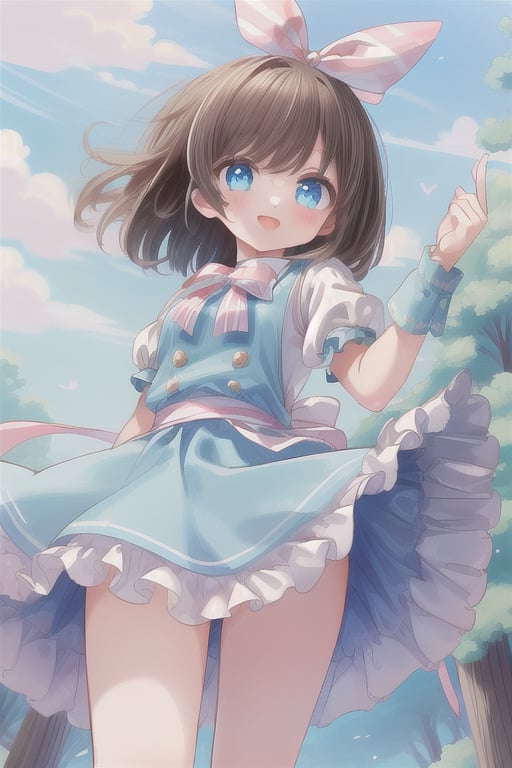 (masterpiece:1.2) , (best quality:1.2) , (ultra-detailed:1.2), extremely detailed,anime,dark brown hair,Medium hair,hairpin,BREAK,blue eyes,BREAK,alice (alice in wonderland) (cosplay),smile,striped panthies,from below,action