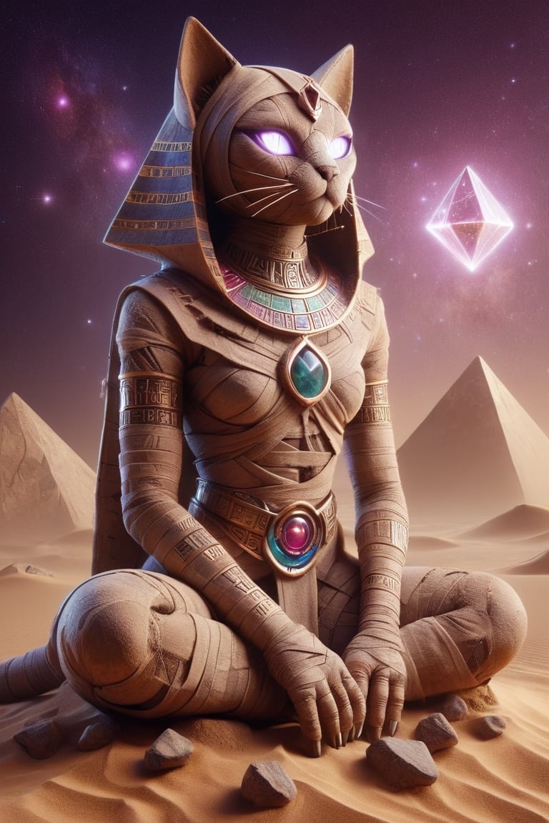 dark, science fiction style, a cat-shaped girl dressed in Egyptian-style bandages, sand and pyramid landscape, desert, purple magic power, nebula, night, sitting on a throne with gems and diamonds, particles in the environment