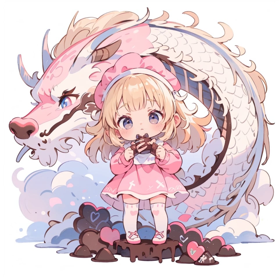 1girl, blonde hair, ((selling chocolate for boyfriend at chocolate shop)), Pink patent leather maid, pink dress,white thighhighs,white apron,cross-laced clothes, masterpiece, best quality, looking at viewer, vintage fantasy, watercolor, warm pastel colour tone, colourpencil style, ((half body)),kawaii face,dragonbaby