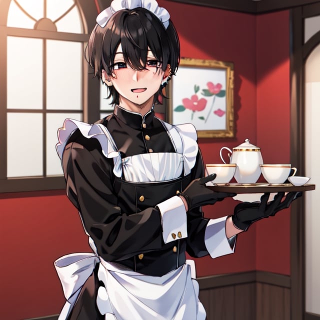 Yoshida Hirofumi,1guy, perfect hands, big smile, maid outfit, pale_skin, tired, ear-piercing, black_gloves, mole_under_mouth, blushing, shy