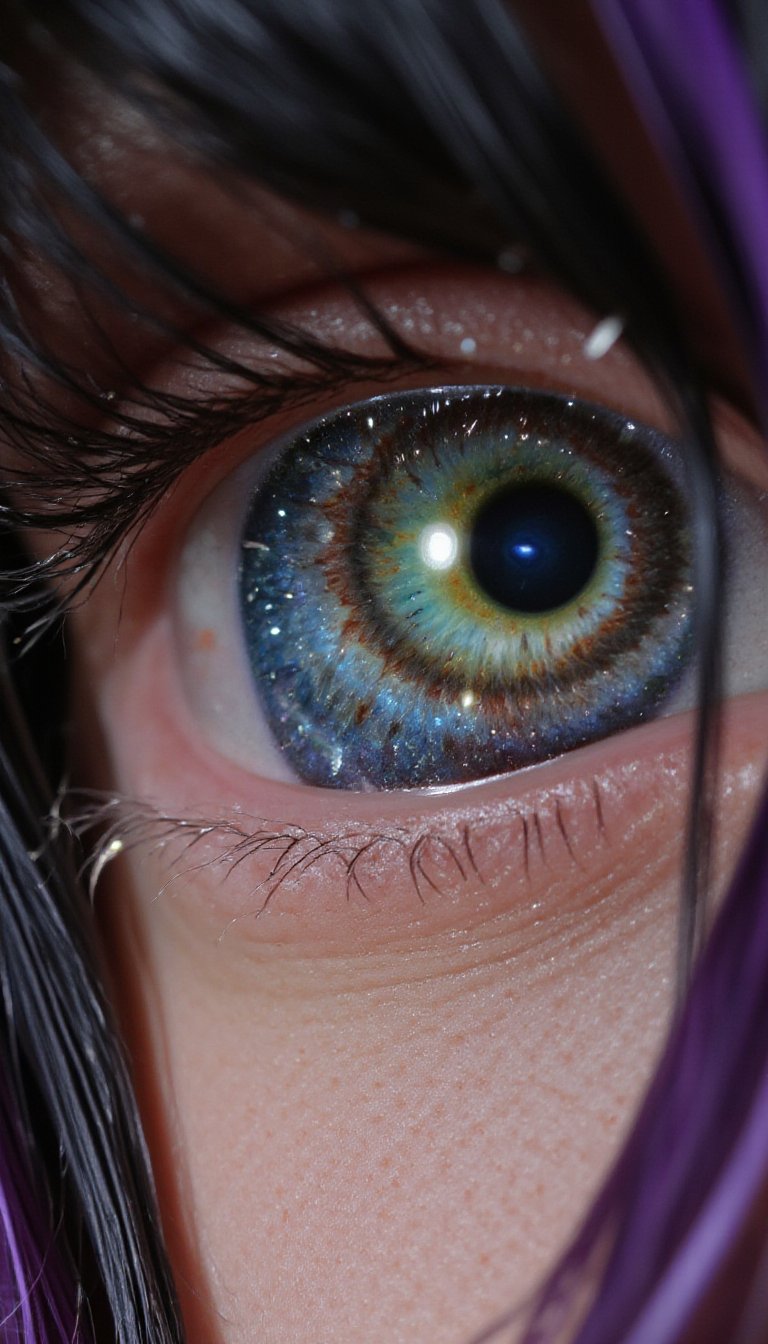 Realistic photo of a close up of a half a beautiful woman's face;  she has black and purple gradient hair with sparkling stars in it, she has stunning blue and green speckled irises, inside her pupil is a swirling galaxy being sucked into a blackhole, 