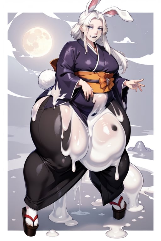 anime illustration of a savage rabbit girl, made of slime. Fat, drooling, and savage. Wears japanese clothes, and seems friendly, but savage. Has rabbit ears and a rabbit tail, and very white skin due to being made of white slime. 

(bunny_ear, monster girl, rabbit_girl, Rabbit_ears,  rabbit_ears)

(kimono, hakama, robes, Japanese_clothes, robes)

(big_hips, wide_hips, Chubby)

(slime, melting, gooey, white_slime, slime_covered,slimecpt)

(white_eyes, clear_eyes, smile, drool, white_hair, white_hair)

(glow, aura, ki, moon)