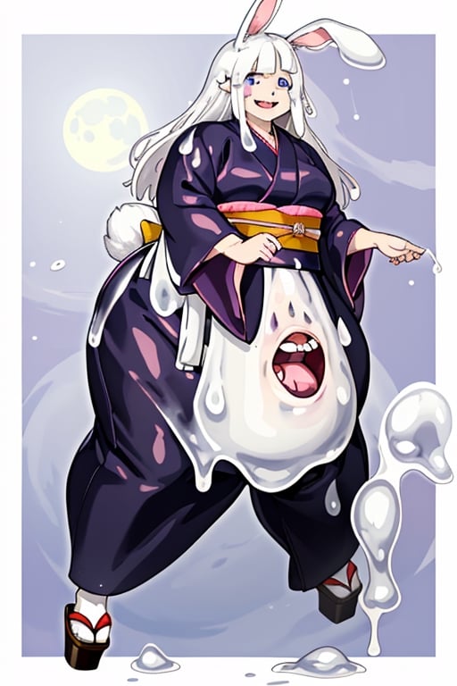 anime illustration of a savage rabbit girl, made of slime. Fat, drooling, and savage. Wears japanese clothes, and seems friendly, but savage. Has rabbit ears and a rabbit tail, and very white skin due to being made of white slime. 

(bunny_ear, monster girl, rabbit_girl, Rabbit_ears,  rabbit_ears)

(kimono, hakama, robes, Japanese_clothes, robes)

(big_hips, wide_hips, Chubby)

(slime, melting, gooey, white_slime, slime_covered,slimecpt)

(white_eyes, clear_eyes, smile, drool, white_hair, white_hair)

(glow, aura, ki, moon)