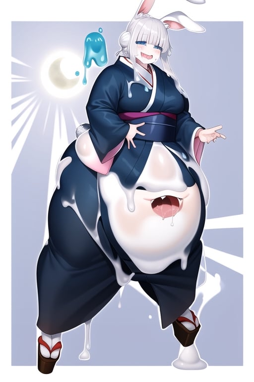 anime illustration of a savage rabbit girl, made of slime. Fat, drooling, and savage. Wears japanese clothes, and seems friendly, but savage. Has rabbit ears and a rabbit tail, and very white skin due to being made of white slime. 

(bunny_ear, monster girl, rabbit_girl, Rabbit_ears,  rabbit_ears)

(kimono, hakama, robes, Japanese_clothes, robes)

(big_hips, wide_hips, Chubby)

(slime, melting, gooey, white_slime, slime_covered,slimecpt)

(white_eyes, clear_eyes, smile, drool, white_hair, white_hair)

(glow, aura, ki, moon)