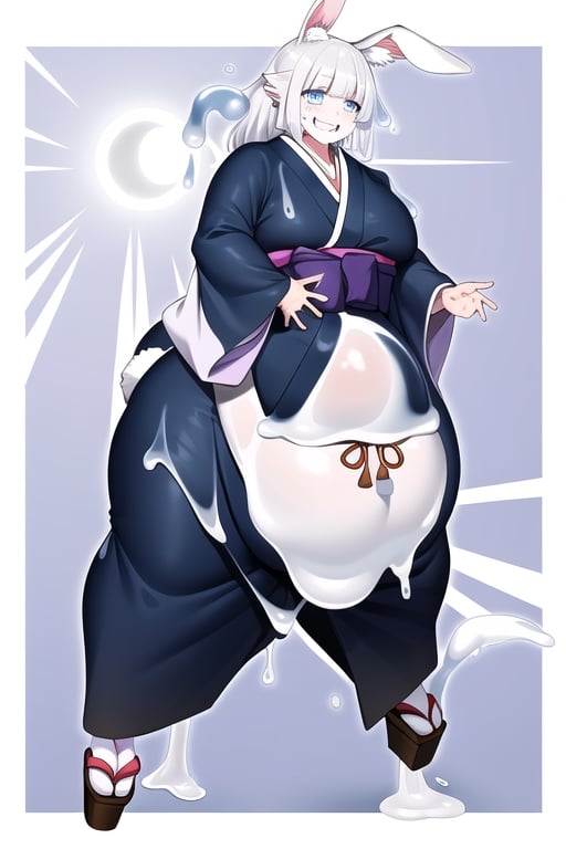 anime illustration of a savage rabbit girl, made of slime. Fat, drooling, and savage. Wears japanese clothes, and seems friendly, but savage. Has rabbit ears and a rabbit tail, and very white skin due to being made of white slime. 

(bunny_ear, monster girl, rabbit_girl, Rabbit_ears,  rabbit_ears)

(kimono, hakama, robes, Japanese_clothes, robes)

(big_hips, wide_hips, Chubby)

(slime, melting, gooey, white_slime, slime_covered,slimecpt)

(white_eyes, clear_eyes, smile, drool, white_hair, white_hair)

(glow, aura, ki, moon)