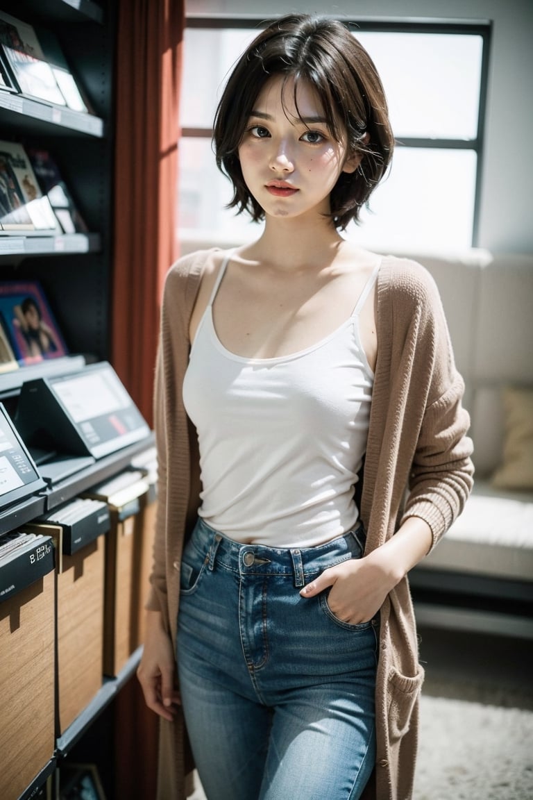 (masterpiece:1.2, best quality), (1lady, solo, standing :1.5), Tomboy, (full color:1.5), Clothes: (loose cardigan, braless, black tee-shirt, vintage lightwash high-waisted loose jeans:1.5), (Appearance: dark_brown_hair, fit, muscular, short hair, natural makeup, long legs, cute, petite, adult, hot body, brown eyes: small breasts, 25_years_old: 1.5), Location: record_store, music_store, (Hobbies: art, music, indie, shoegaze), SFW, mid_twenties, adult, asian girl, boyish, painted_nails, polish, Tomboy, smiling, smiling_at_viewer, looking_at_viewer, eye_contact, romantic