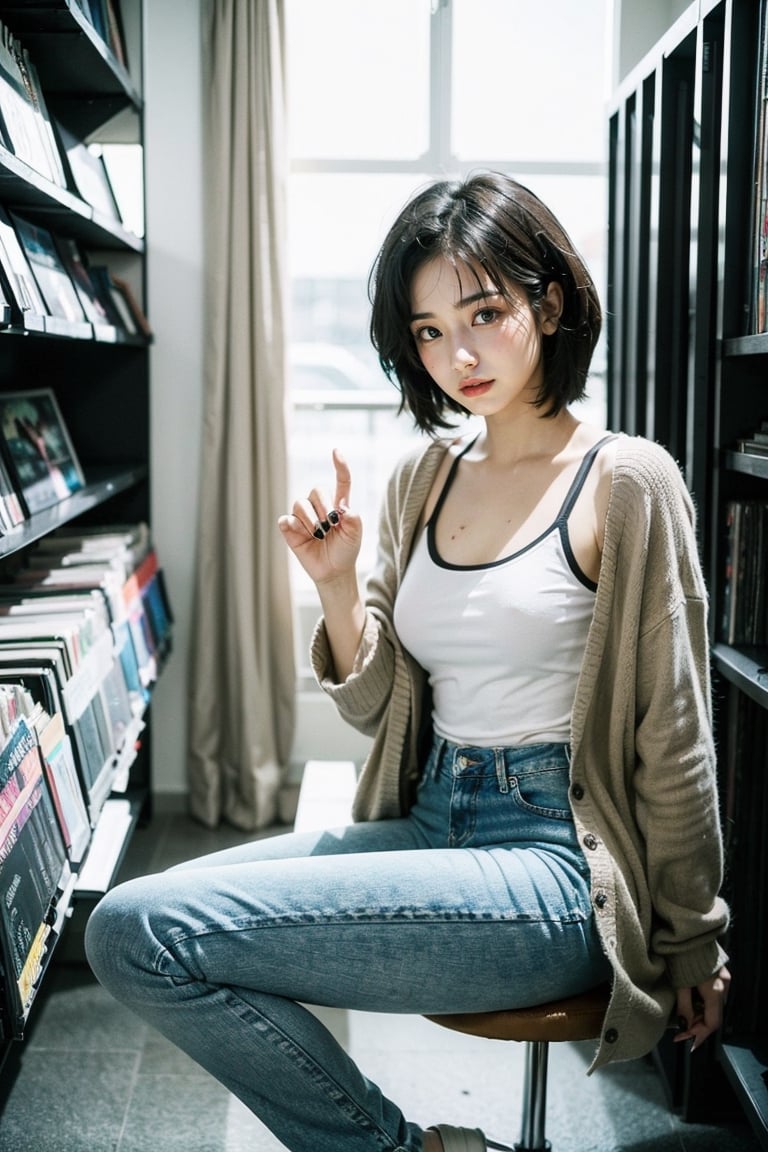 (masterpiece:1.2, best quality), (1lady, solo :1.5), Tomboy, (full color:1.5), Clothes: (loose cardigan, t shirt, vintage lightwash high-waisted loose jeans:1.5), (Appearance: black hair, fit, muscular, short hair, natural makeup, long legs, cute, petite, adult, hot body, brown eyes: small breasts, 25_years_old: 1.5), Location: record_store, music_store, (Hobbies: art, music, indie, shoegaze), SFW, mid_twenties, adult, asian girl, boyish, painted_nails, painted finger nails, blue nail polish, Tomboy