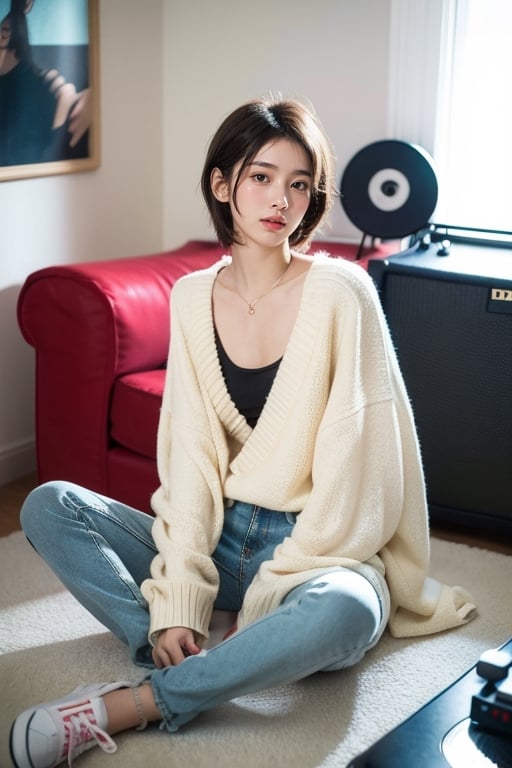 (masterpiece:1.2, best quality), (1lady, sitting, full body: 1.5), Tomboy, (full color:1.5), hot body, Clothes: (sweater, loose fit jeans, baggy clothes, oversized clothes: 1.5), (Appearance: short hair, brown hair, messy hair, natural makeup, long legs, cute, petite, brown eyes, small breasts, fit, muscular, toned: 1.5), Location: (apartment living room, indoors, modernist, artistic, guitar amp, vinyl_records, record_player, stereo), Hobbies: (workout, athletic, music, indie music, art), best_friend, music, shoegaze, SFW, clothed, 25 years old, mid_twenties, adult, asian girl, Tomboy, street_style, masculine style, men's clothing