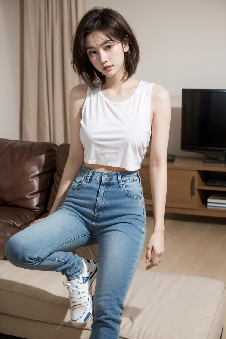 (masterpiece:1.2, best quality), (1lady: 1.5), Tomboy, (full color:1.5), hot body, Clothes: (tucked in t shirt, vintage lightwash high-waisted loose jeans:1.5: 1.5), (Appearance: short hair, brown hair, messy hair, natural makeup, long legs, cute, petite, brown eyes, small breasts, fit, muscular, toned: 1.5), Location: (apartment living room, indoors,) Hobbies: (workout, athletic, music, indie music, art), best_friend, music, shoegaze, SFW, clothed, 25 years old, mid_twenties, adult, asian girl, Tomboy, kiss, french_kiss