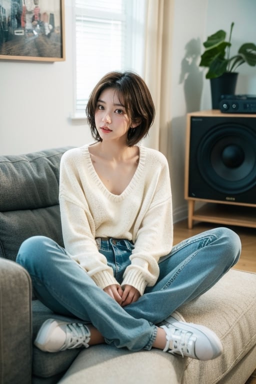 (masterpiece:1.2, best quality), (1lady, sitting, full body: 1.5), Tomboy, (full color:1.5), hot body, Clothes: (sweater, loose fit jeans, baggy clothes, oversized clothes: 1.5), (Appearance: short hair, brown hair, messy hair, natural makeup, long legs, cute, petite, brown eyes, small breasts, fit, muscular, toned: 1.5), Location: (apartment living room, indoors, modernist, artistic, guitar amp, vinyl_records, record_player, stereo), Hobbies: (workout, athletic, music, indie music, art), best_friend, music, shoegaze, SFW, clothed, 25 years old, mid_twenties, adult, asian girl, Tomboy, street_style, masculine style, men's clothing