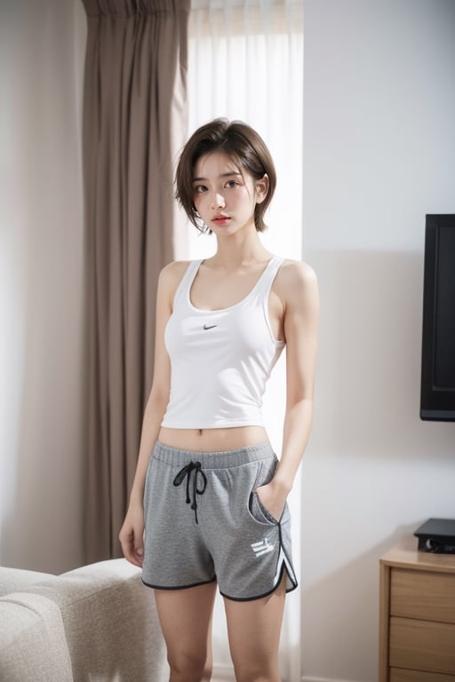 (masterpiece:1.2, best quality), (1lady, solo, standing, standing in front of viewer: 1.5), Tomboy, (full color:1.5), hot body, Clothes: (white tank top, baggy clothes, black sweat shorts, gym shorts, boxer briefs, loose clothing: 1.5), (Appearance: short hair, brown hair, messy hair, natural makeup, long legs, cute, petite, brown eyes, small breasts, fit, muscular, toned: 1.5), Location: (apartment living room, indoors,) Hobbies: (workout, athletic, music, indie music, art), best_friend, music, shoegaze, SFW, clothed, 25 years old, mid_twenties, adult, asian girl, Tomboy, boyish, masculine, blushing, embarassed