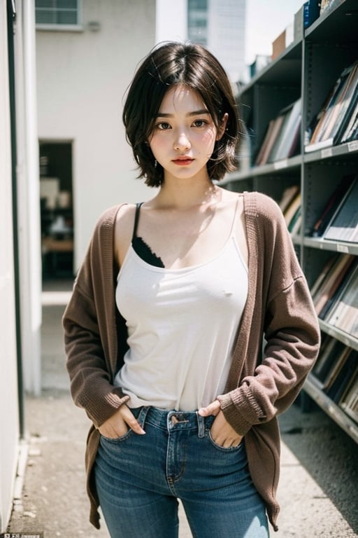 (masterpiece:1.2, best quality), (1lady, solo, standing :1.5), Tomboy, (full color:1.5), Clothes: (loose cardigan, t shirt, vintage lightwash high-waisted loose jeans:1.5), (Appearance: dark_brown_hair, fit, muscular, short hair, natural makeup, long legs, cute, petite, adult, hot body, brown eyes: small breasts, 25_years_old: 1.5), Location: record_store, music_store, (Hobbies: art, music, indie, shoegaze), SFW, mid_twenties, adult, asian girl, boyish, painted_nails, polish, Tomboy