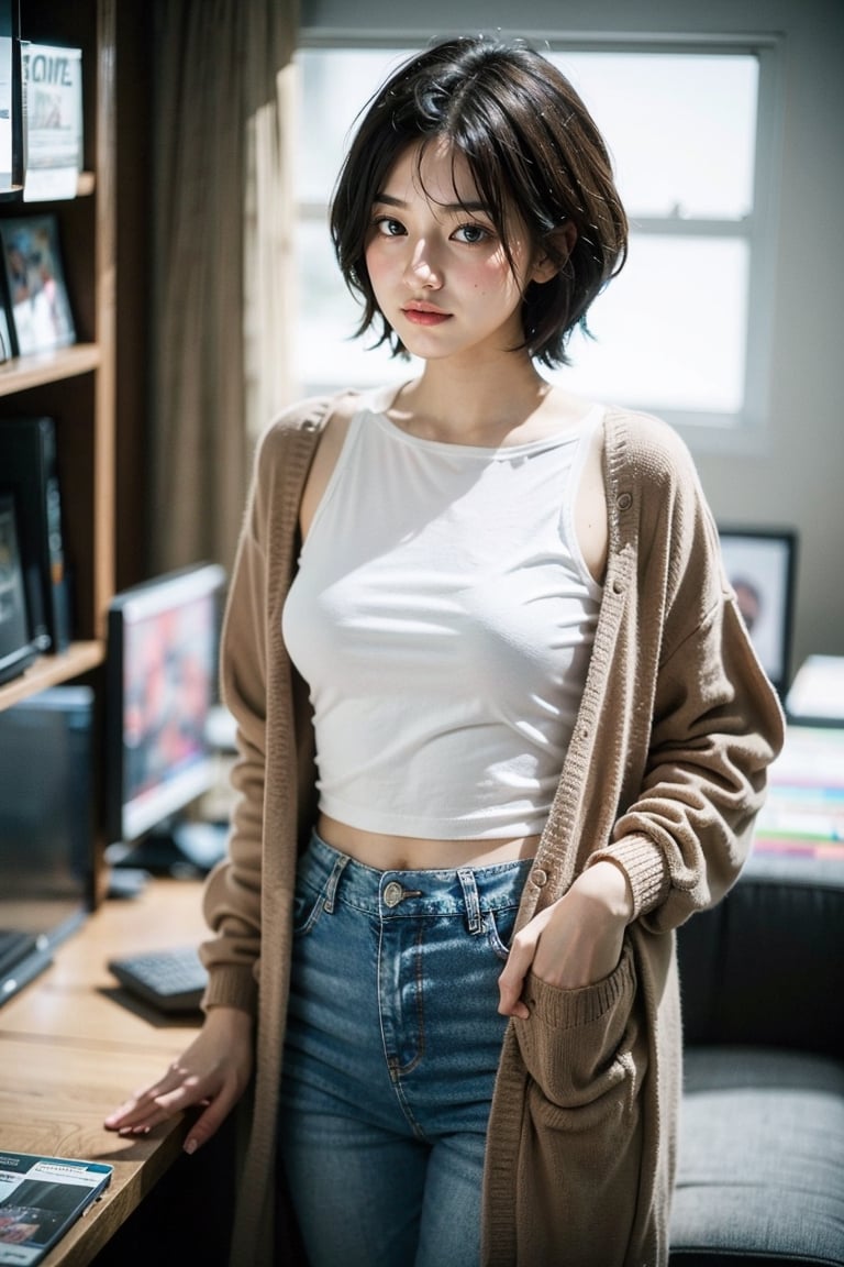 (masterpiece:1.2, best quality), (1lady, solo, standing :1.5), Tomboy, (full color:1.5), Clothes: (loose cardigan, braless, black tee-shirt, vintage lightwash high-waisted loose jeans:1.5), (Appearance: dark_brown_hair, fit, muscular, short hair, natural makeup, long legs, cute, petite, adult, hot body, brown eyes: small breasts, 25_years_old: 1.5), Location: record_store, music_store, (Hobbies: art, music, indie, shoegaze), SFW, mid_twenties, adult, asian girl, boyish, painted_nails, polish, Tomboy, smiling, smiling_at_viewer, looking_at_viewer, eye_contact, lesbian
