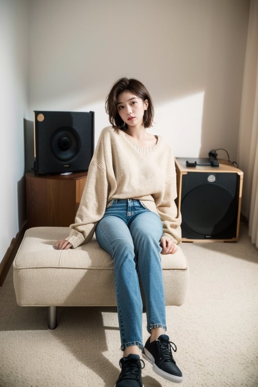 (masterpiece:1.2, best quality), (1lady, sitting, full body: 1.5), Tomboy, (full color:1.5), hot body, Clothes: (sweater, loose fit jeans: 1.5), (Appearance: short hair, brown hair, messy hair, natural makeup, long legs, cute, petite, brown eyes, small breasts, fit, muscular, toned: 1.5), Location: (apartment living room, indoors, modernist, artistic, guitar amp, vinyl_records, record_player, stereo), Hobbies: (workout, athletic, music, indie music, art), best_friend, music, shoegaze, SFW, clothed, 25 years old, mid_twenties, adult, asian girl, Tomboy, street_style, masculine style, men's clothing