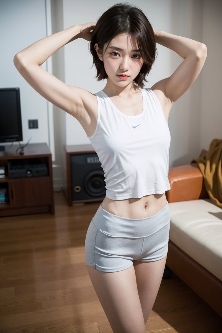 (masterpiece:1.2, best quality), (1lady, solo, standing, arms above head: 1.5), Tomboy, (full color:1.5), hot body, Clothes: (white tank top: 1.5), (Appearance: short hair, brown hair, messy hair, natural makeup, long legs, cute, petite, brown eyes, small breasts, fit, muscular, toned: 1.5), Location: (apartment living room, indoors,) Hobbies: (workout, athletic, music, indie music, art), best_friend, music, shoegaze, SFW, clothed, 25 years old, mid_twenties, adult, asian girl, Tomboy, nice armpits