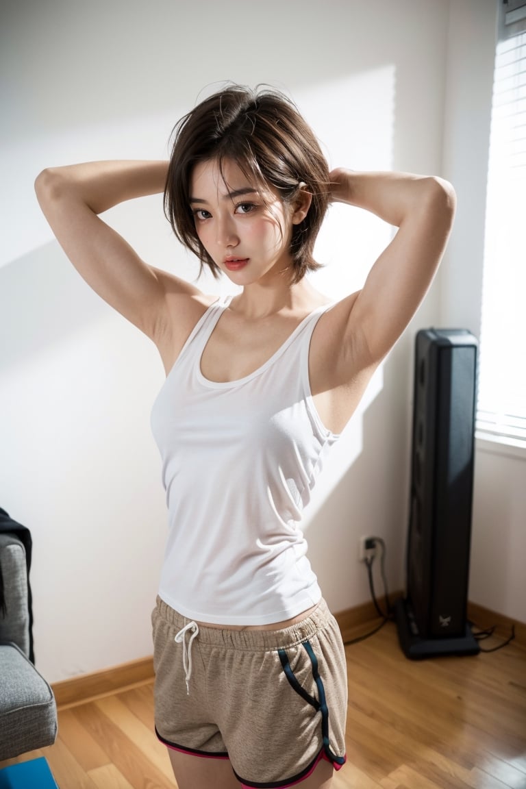 (masterpiece:1.2, best quality), (1lady, solo, standing, arms above head: 1.5), Tomboy, (full color:1.5), hot body, Clothes: (white tank top, gym shorts, loose_clothing, baggy clothing, oversized_clothing:1.5), (Appearance: short hair, brown hair, messy hair, natural makeup, long legs, cute, petite, brown eyes, small breasts, fit, muscular, toned: 1.5), Location: (apartment living room, indoors,) Hobbies: (workout, athletic, music, indie music, art), best_friend, music, shoegaze, SFW, clothed, 25 years old, mid_twenties, adult, asian girl, Tomboy