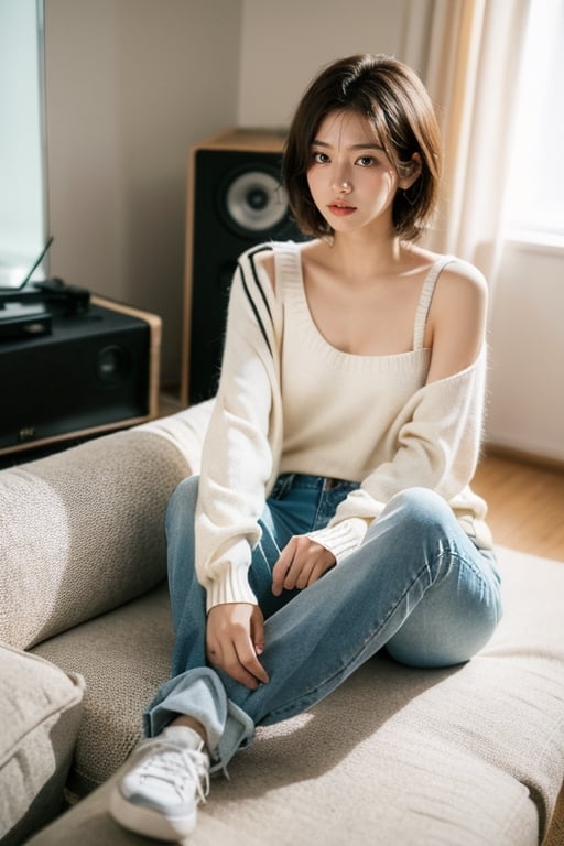 (masterpiece:1.2, best quality), (1lady, sitting, full body: 1.5), Tomboy, (full color:1.5), hot body, Clothes: (sweater, loose fit jeans: 1.5), (Appearance: short hair, brown hair, messy hair, natural makeup, long legs, cute, petite, brown eyes, small breasts, fit, muscular, toned: 1.5), Location: (apartment living room, indoors, modernist, artistic, guitar amp, vinyl_records, record_player, stereo), Hobbies: (workout, athletic, music, indie music, art), best_friend, music, shoegaze, SFW, clothed, 25 years old, mid_twenties, adult, asian girl, Tomboy