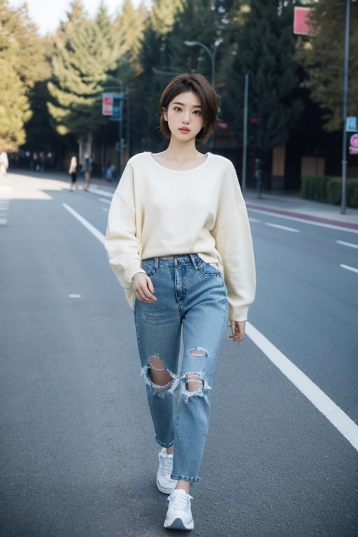 (masterpiece:1.2, best quality), (1lady, walking, full body: 1.5), Tomboy, (full color:1.5), hot body, Clothes: (sweater, loose fit jeans, baggy clothes, oversized clothes: 1.5), (Appearance: short hair, brown hair, messy hair, natural makeup, long legs, cute, petite, brown eyes, small breasts, fit, muscular, toned: 1.5), Location: (outdoors, public park, walking path, walking_with_viewer), Hobbies: (workout, athletic, music, indie music, art), best_friend, music, shoegaze, SFW, clothed, 25 years old, mid_twenties, adult, asian girl, Tomboy, street_style, masculine style, men's clothing