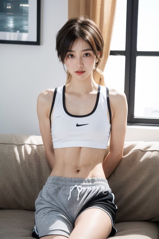 (masterpiece:1.2, best quality), (1lady, solo: 1.5), Tomboy, (full color:1.5), hot body, Clothes: (white tank top, baggy clothes, sports bra, black sweat shorts, gym shorts, boxer briefs, loose clothing: 1.5), (Appearance: short hair, brown hair, messy hair, natural makeup, long legs, cute, petite, brown eyes, small breasts, fit, muscular, toned: 1.5), Location: (apartment living room, indoors,) Hobbies: (workout, athletic, music, indie music, art), best_friend, music, shoegaze, SFW, clothed, 25 years old, mid_twenties, adult, asian girl, Tomboy, boyish, masculine, blushing, embarassed