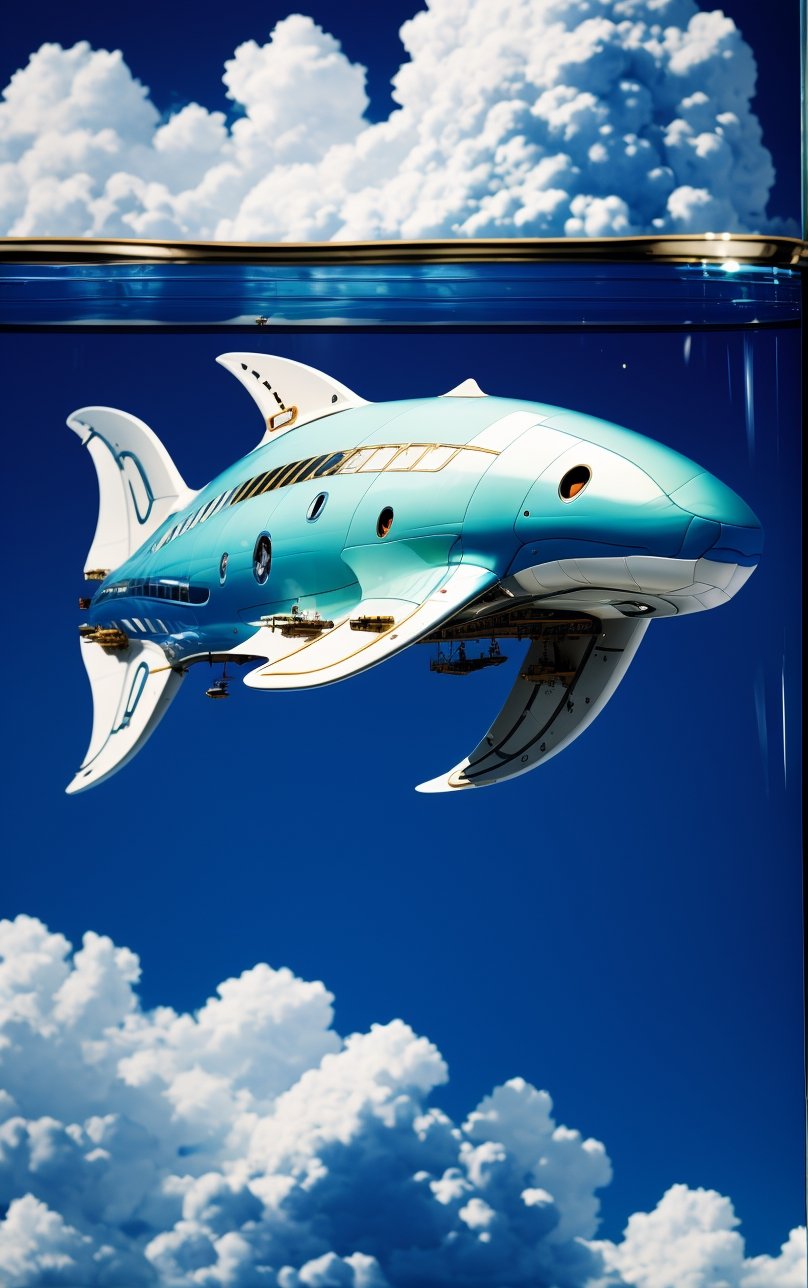 Best quality, Masterpiece, Beautiful and aesthetic, 32K, High contrast, Natural and soft light, Realistic, Photorealistic, Ultra detailed, Finely detailed, High resolution, Perfect dynamic composition, A huge whale-shaped spaceship, Flying in the blue sky and white clouds, The upper part of the whale-shaped spaceship is a transparent glass cover, There are small architectural clusters inside the glass cover, Whale fin-shaped wings with turbo rockets, The whale-shaped spacecraft has turbo rockets on both sides of its belly, Mechanical fish