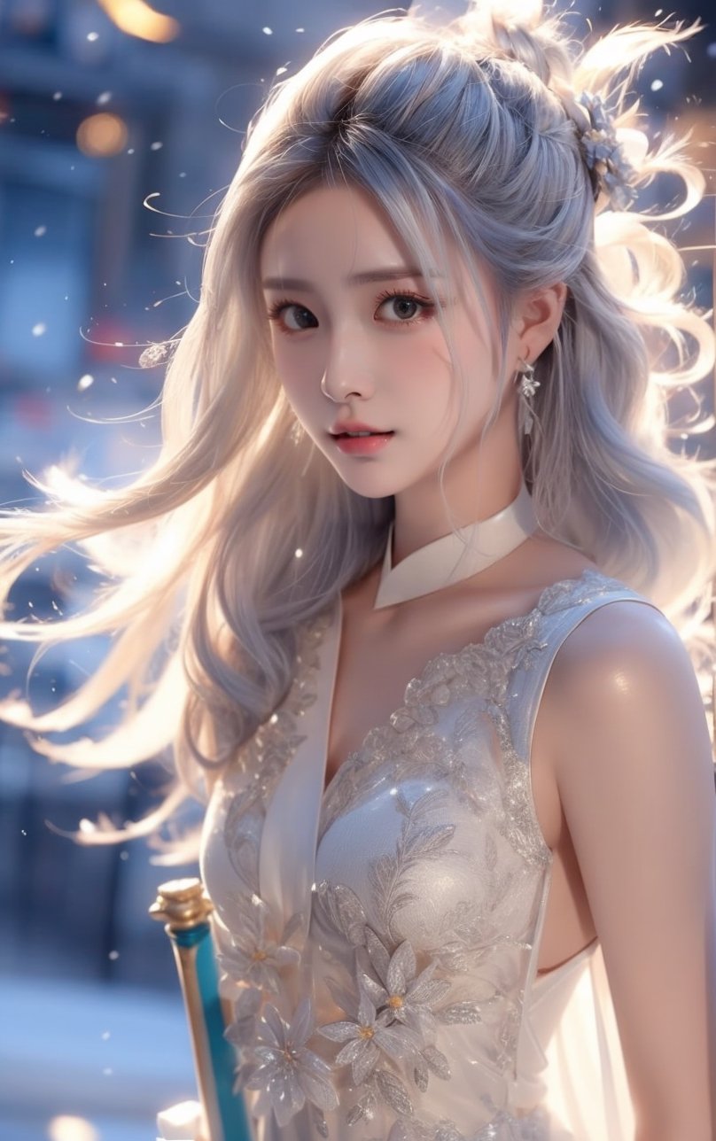 The background is midnight sky,big blue moon,dark night,snow blowing,16 yo, 1 girl,sword,halo,shining bracelet,beautiful hanfu(white, transparent),cape, cloth blowing in wind, solo, {beautiful and detailed eyes}, calm expression, natural and soft light, delicate facial features, cute japanese idol, very small earrings, ((model pose)), Glamor body type, (silver hair:1.2),  beehive,big bun,very_long_hair, hair past hip, curly hair, flim grain, realhands, masterpiece, Best Quality, photorealistic, ultra-detailed, finely detailed, high resolution, perfect dynamic composition, beautiful detailed eyes, eye smile, ((nervous and embarrassed)), sharp-focus, full_body, sexy pose,QQQ3