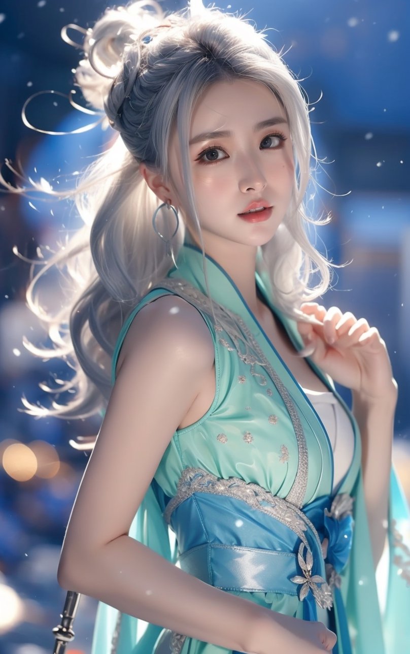 The background is midnight sky,big blue moon,dark night,snow blowing,16 yo, 1 girl,sword,halo,shining bracelet,beautiful hanfu(white, transparent),cape, cloth blowing in wind, solo, {beautiful and detailed eyes}, calm expression, natural and soft light, delicate facial features, cute japanese idol, very small earrings, ((model pose)), Glamor body type, (silver hair:1.2),  beehive,big bun,very_long_hair, hair past hip, curly hair, flim grain, realhands, masterpiece, Best Quality, photorealistic, ultra-detailed, finely detailed, high resolution, perfect dynamic composition, beautiful detailed eyes, eye smile, ((nervous and embarrassed)), sharp-focus, full_body, sexy pose,QQQ3