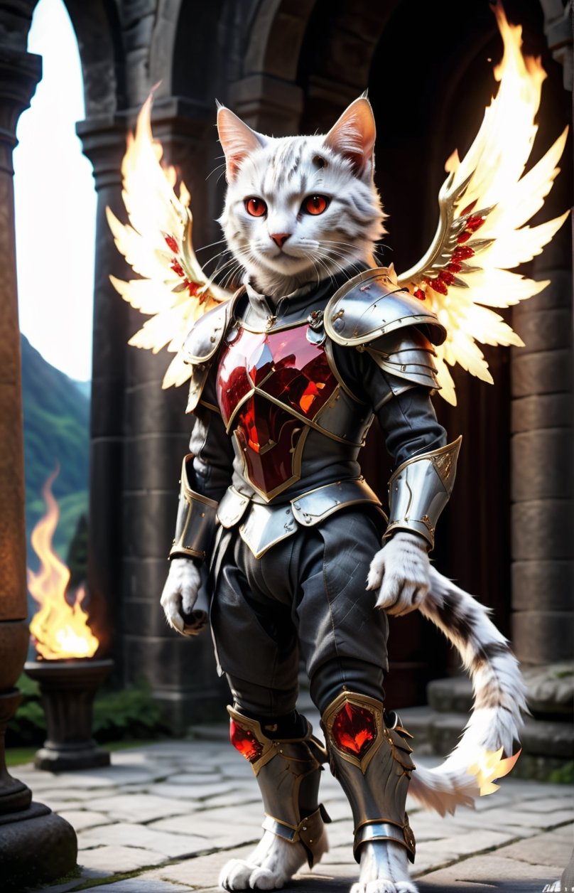 (16k), (masterpiece), (full body shot,), (highest quality), (highly complex), (realistic), (sharp focus), (cinematic lighting), (highly detailed), (full body shot,) , In a magnificent castle filled with golden decorations, a Cat, Anthropomorphic, Standing on two legs, Cat wearing fiery red gem-encrusted armor, Fiery red wings inlaid with gems, Metal wings emit flames, accurate anatomical body and hands, hands radiating fire, delicate features, Red eyes, eyes radiating fire, Perfect cat body proportions, realistic, cat,ral-lava