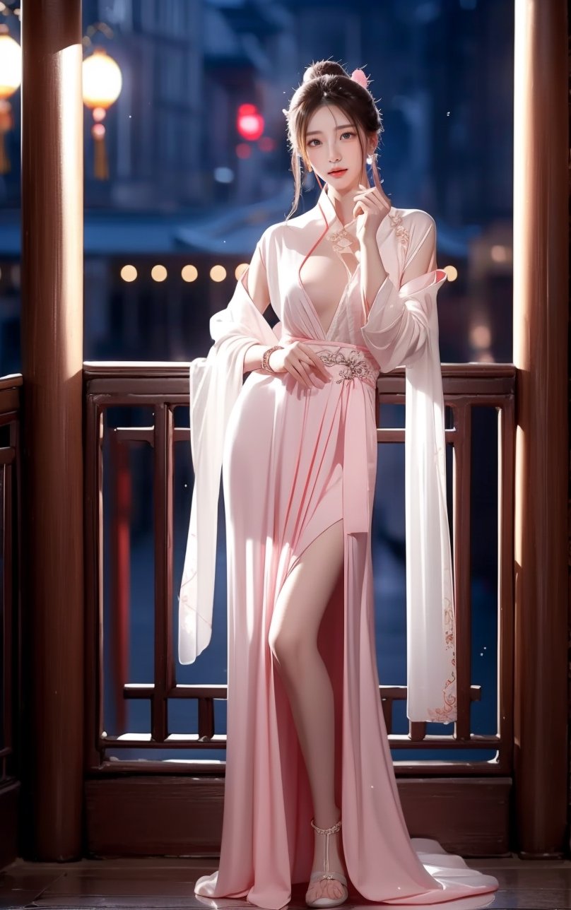 best quality, masterpiece, beautiful and aesthetic, 16K, The splendid ancient Chinese palace architecture, big blue moon, dark night, snow blowing, 1 girl, halo, shining bracelet, (beautiful hanfu, white, pink), The sleeves and skirt of Hanfu flutter in the wind, solo, {beautiful and detailed eyes}, melancholy expression, natural and soft light, delicate facial features, vearrings, Gorgeous necklace, ((sexy pose)), Glamor body type, (white hair,),  beehive, bun,very long hair, hair past hip, curly hair, flim grain, realhands, masterpiece, Best Quality, photorealistic, ultra-detailed, finely detailed, high resolution, perfect dynamic composition, beautiful detailed eyes, eye smile, ((nervous, embarrassed)), sharp focus, full body, sexy pose, KKK3