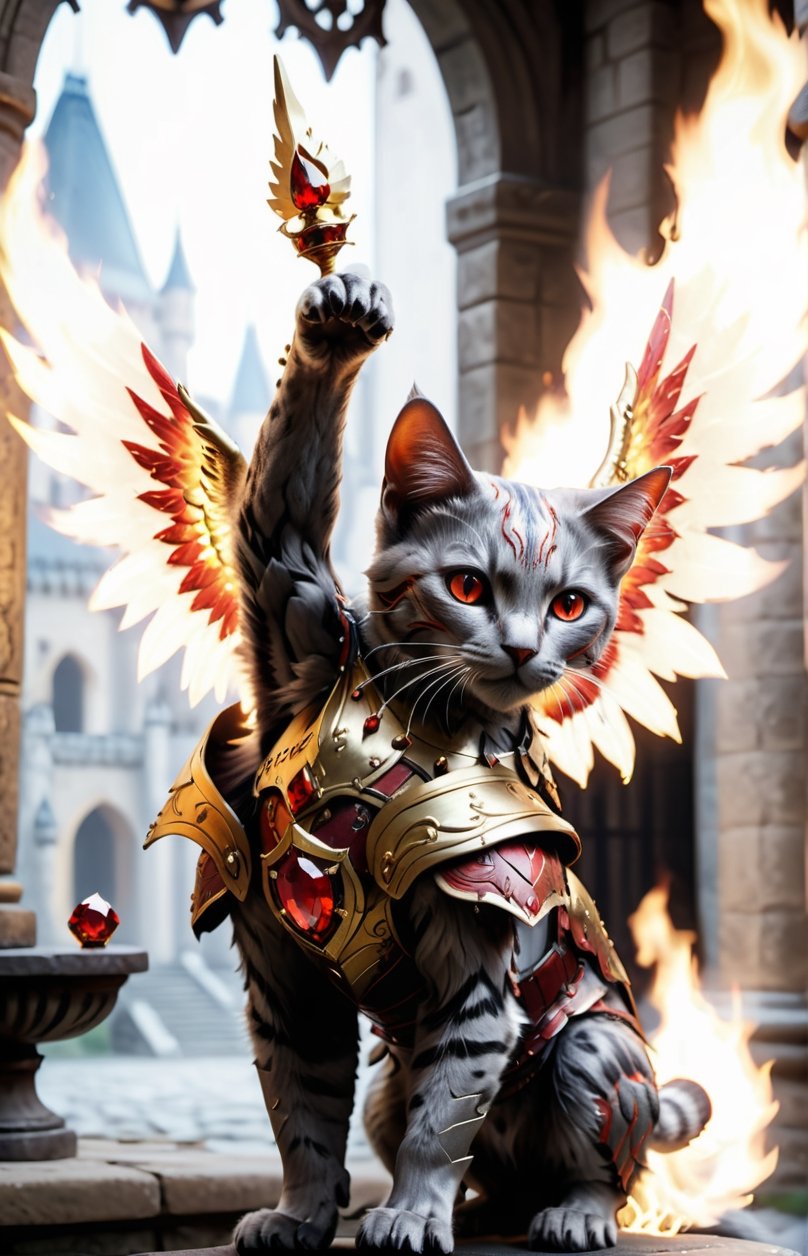 (16k), (masterpiece), (full body shot,), (highest quality), (highly complex), (realistic), (sharp focus), (cinematic lighting), (highly detailed), (full body shot,) , In a magnificent castle filled with golden decorations, a Cat, Anthropomorphic, Standing on two legs, Cat wearing fiery red gem-encrusted armor, Fiery red wings inlaid with gems, Metal wings emit flames, accurate anatomical body and hands, hands radiating fire, delicate features, Red eyes, eyes radiating fire, Perfect cat body proportions, realistic, cat,ral-lava