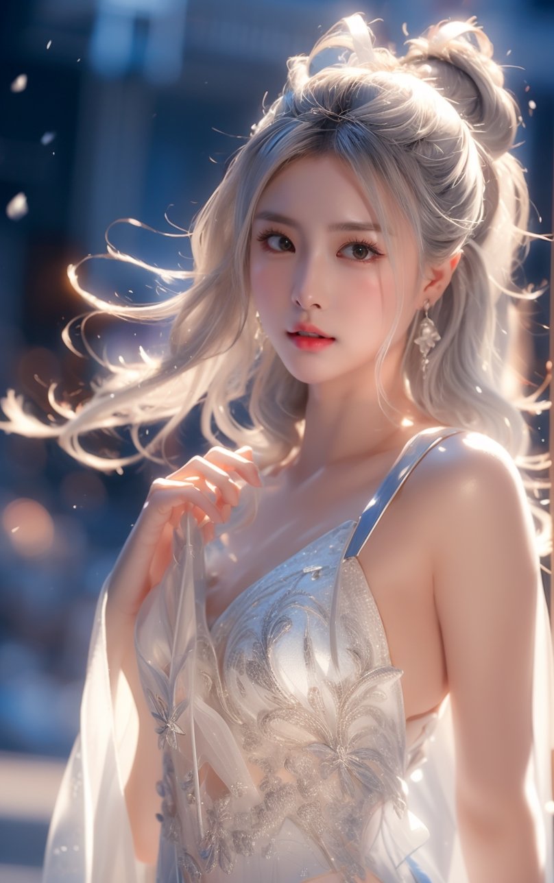 The background is midnight sky,big blue moon,dark night,snow blowing,16 yo, 1 girl,sword,halo,shining bracelet,beautiful hanfu(white, transparent),cape, cloth blowing in wind, solo, {beautiful and detailed eyes}, calm expression, natural and soft light, delicate facial features, cute japanese idol, very small earrings, ((model pose)), Glamor body type, (silver hair:1.2),  beehive,big bun,very_long_hair, hair past hip, curly hair, flim grain, realhands, masterpiece, Best Quality, photorealistic, ultra-detailed, finely detailed, high resolution, perfect dynamic composition, beautiful detailed eyes, eye smile, ((nervous and embarrassed)), sharp-focus, full_body, sexy pose,QQQ3